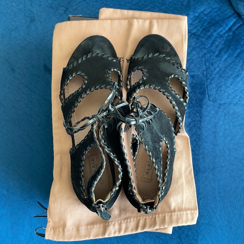 Alaia Black Suede Lace-Up Cutout Sandals